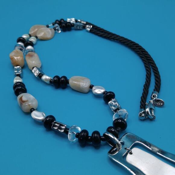 Chico's Long Beaded Necklace, Two Layer Pendant, Lucite Beads, Satin Cord, 34 In - Picture 8 of 13